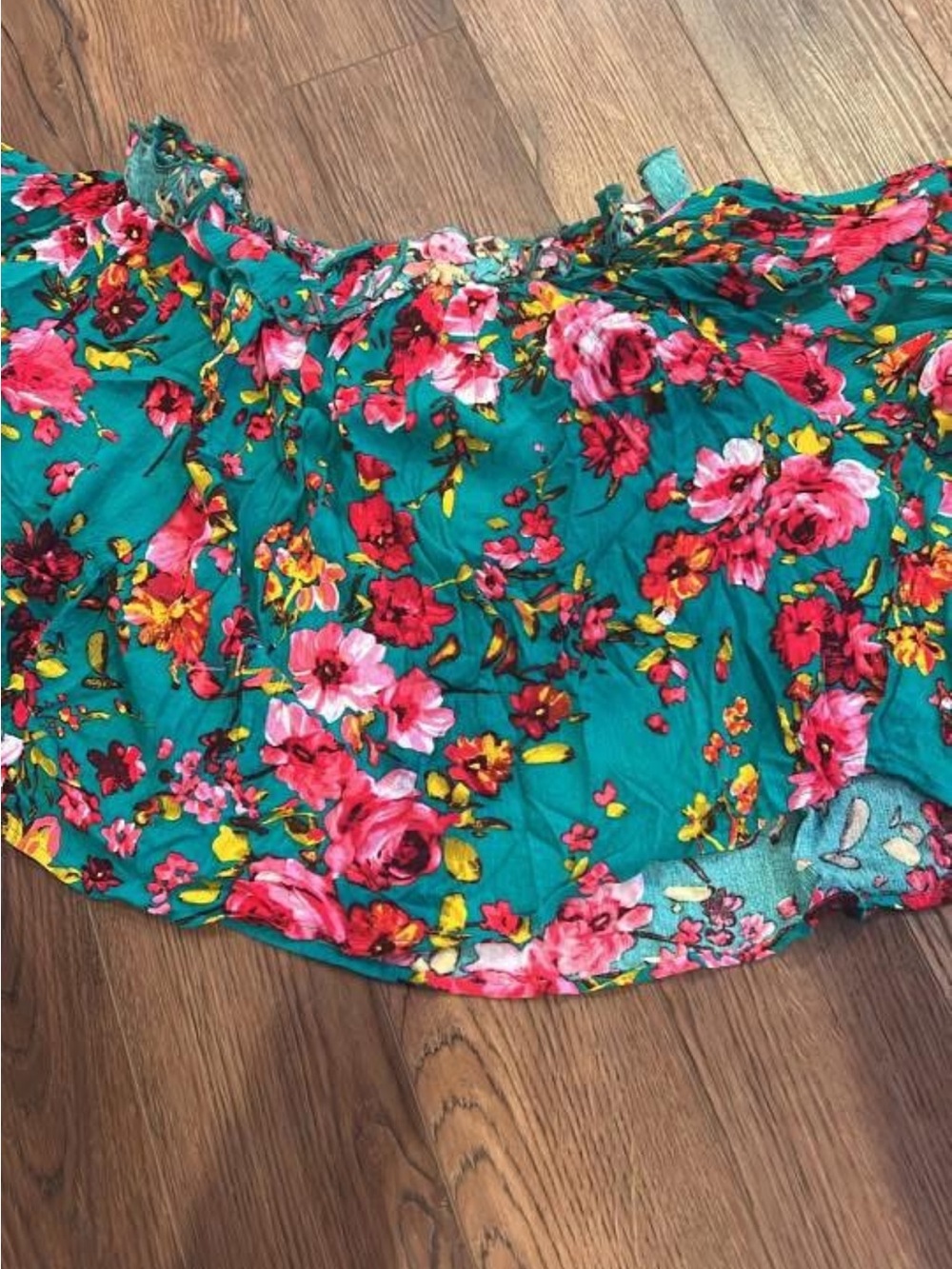 Bluivy Teal Floral Off-Shoulder Blouse with Pink and Yellow Flowers